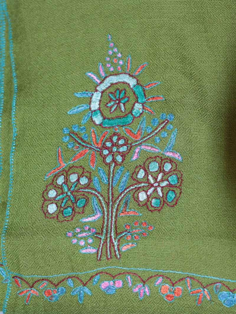 Hand-Embroidered Olive Green Pashmina