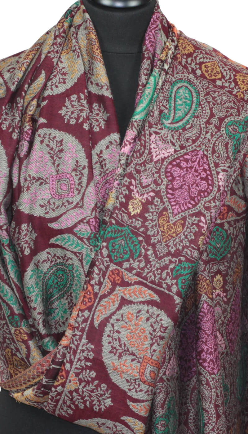 Burgundy-gray-green cashmere shawl