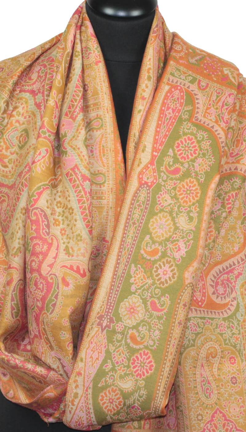 Orange-pink-olive cashmere shawl