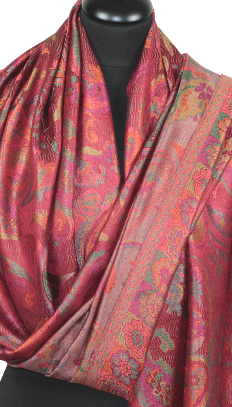 Étole en Soie brique-fuchsia-vert