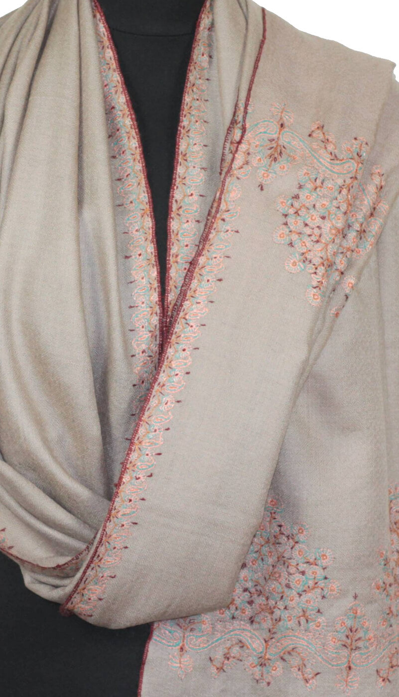 Pashmina Beige Brodé Main 100% Cachemire