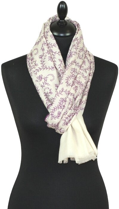 Pashmina Ivoire-Violette Brodé Main