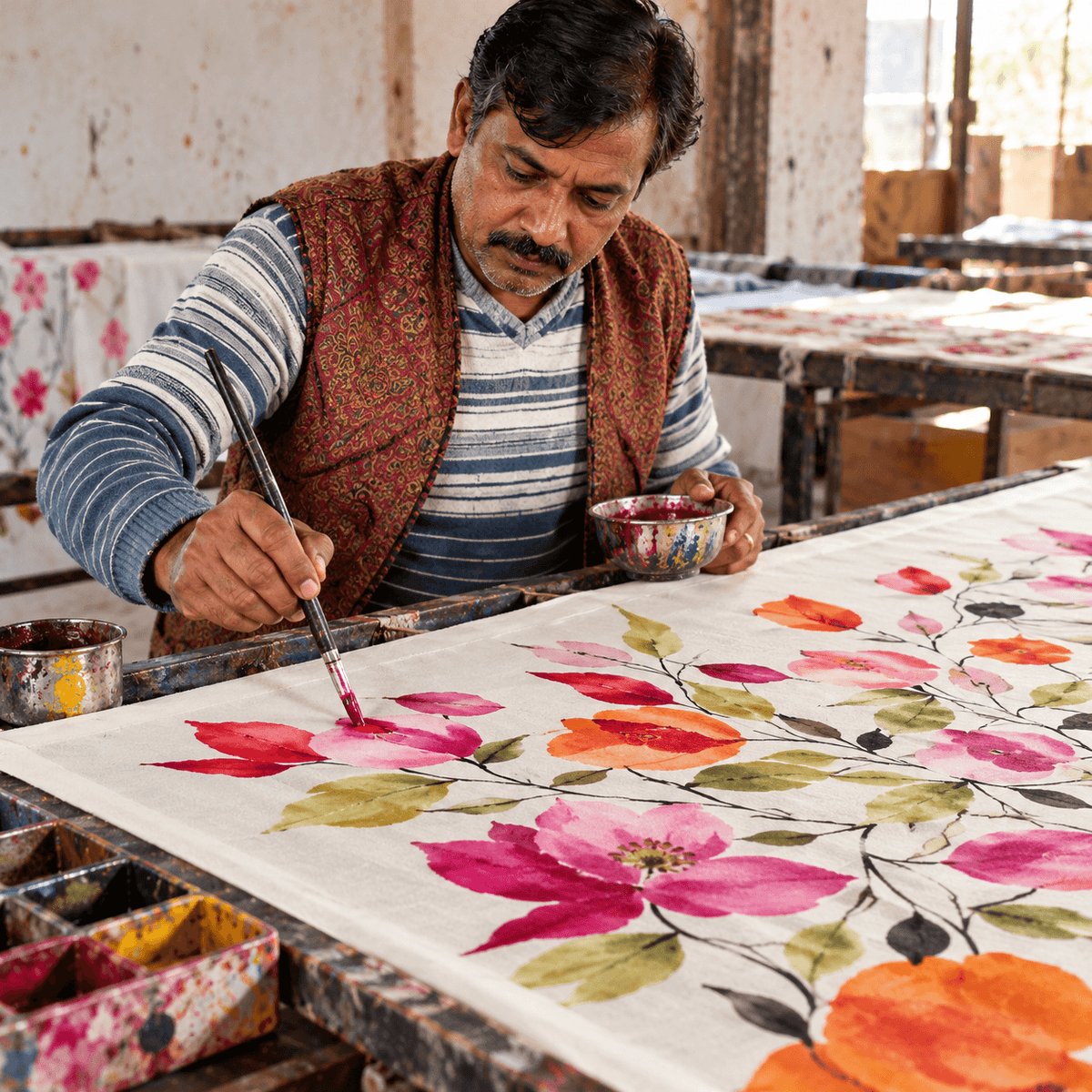 Artisan peignant à la main des motifs de fleurs sur une écharpe en cachemire