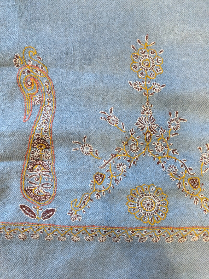 Hand-Embroidered Grey-blue Pashmina