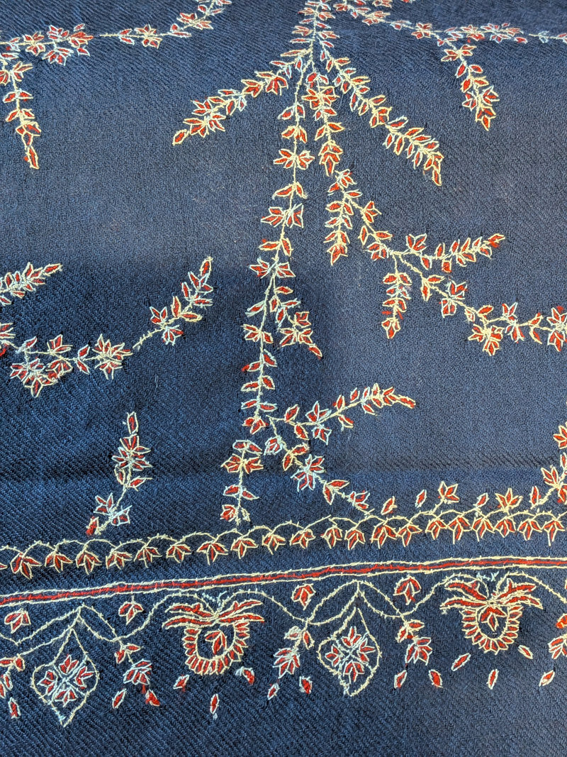 Pashmina 100% Cachemire Bleu Denim Brodé Main