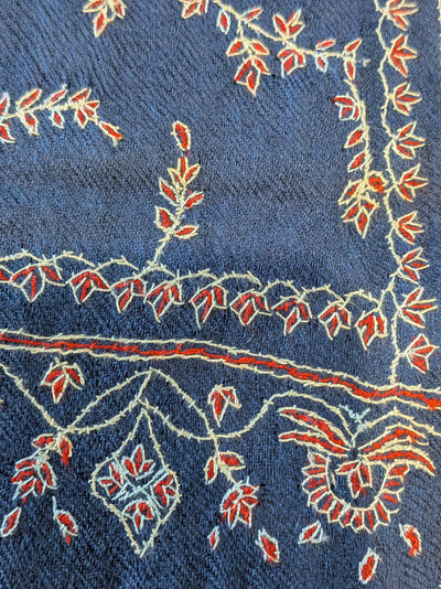 Pashmina 100% Cachemire Bleu Denim Brodé Main