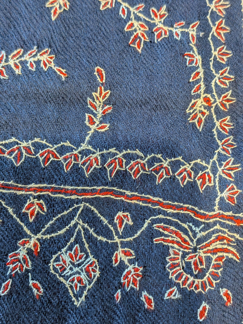 Pashmina 100% Cachemire Bleu Denim Brodé Main