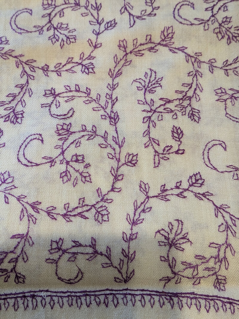 Hand-Embroidered Ivory-Purple Pashmina