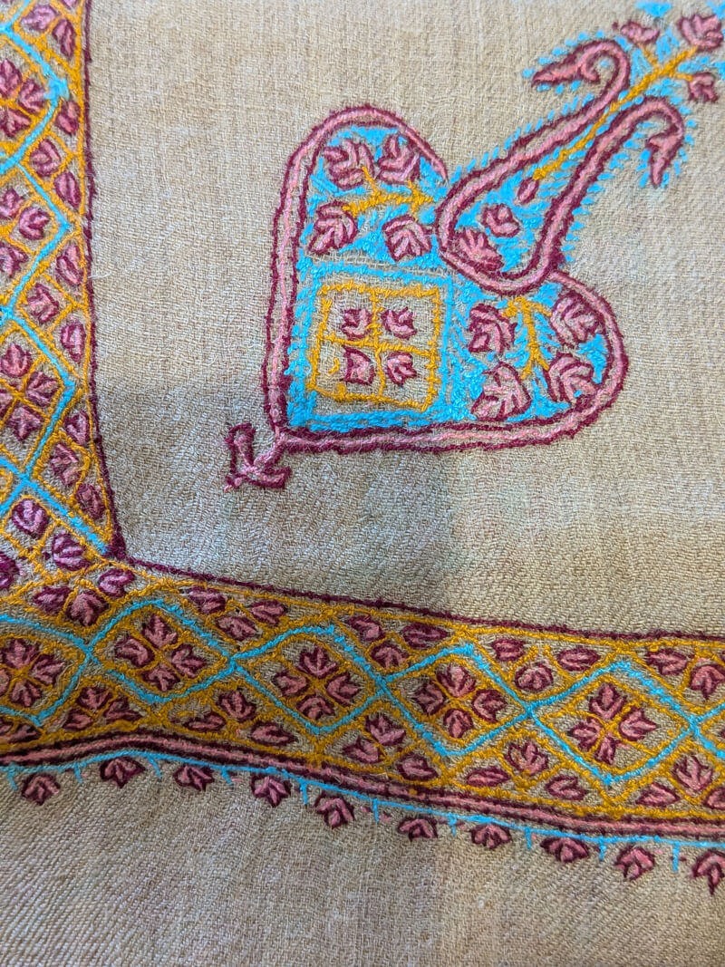 Hand-Embroidered Beige Pashmina