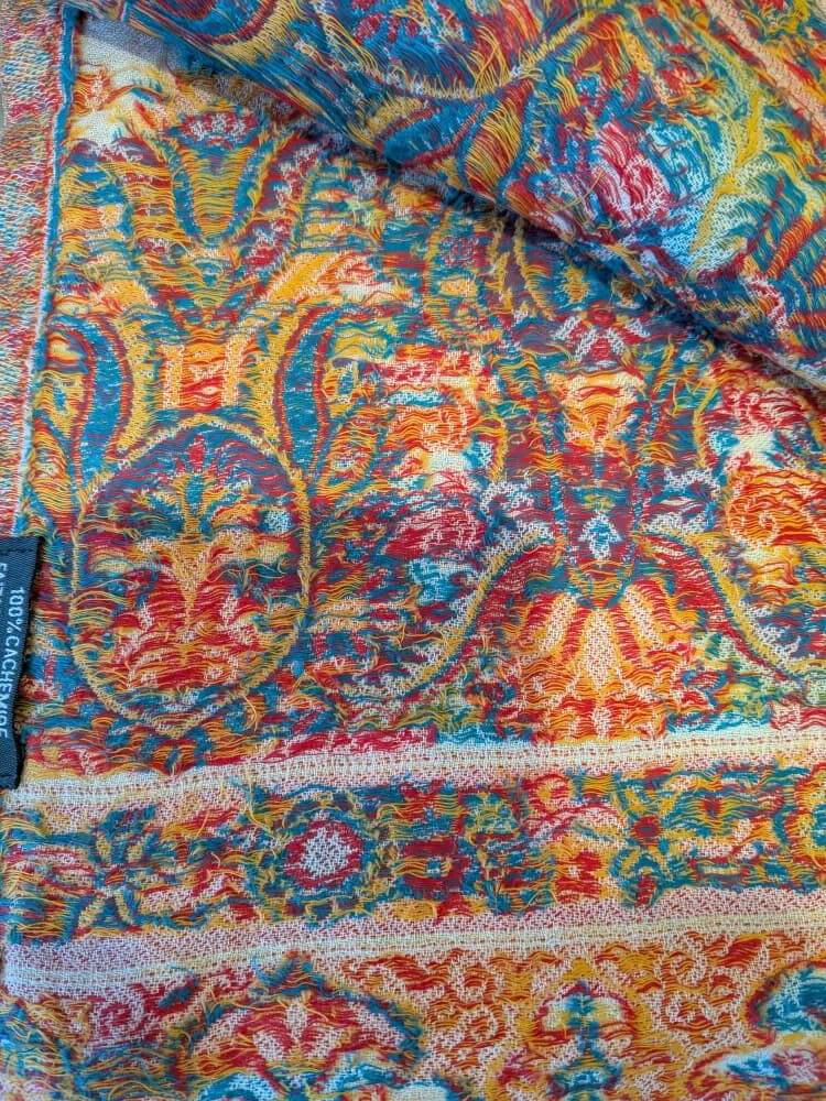 White-coral-blue cashmere shawl