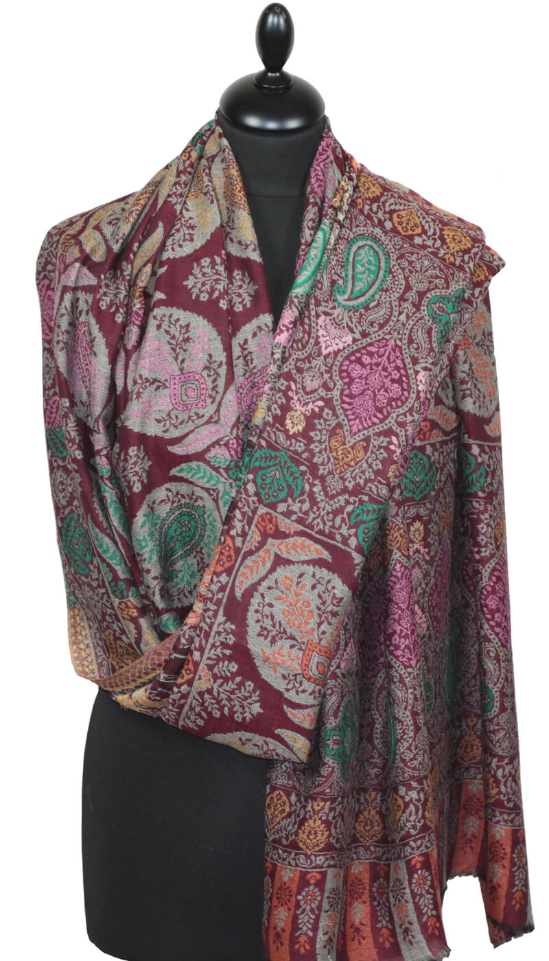 Burgundy-gray-green cashmere shawl