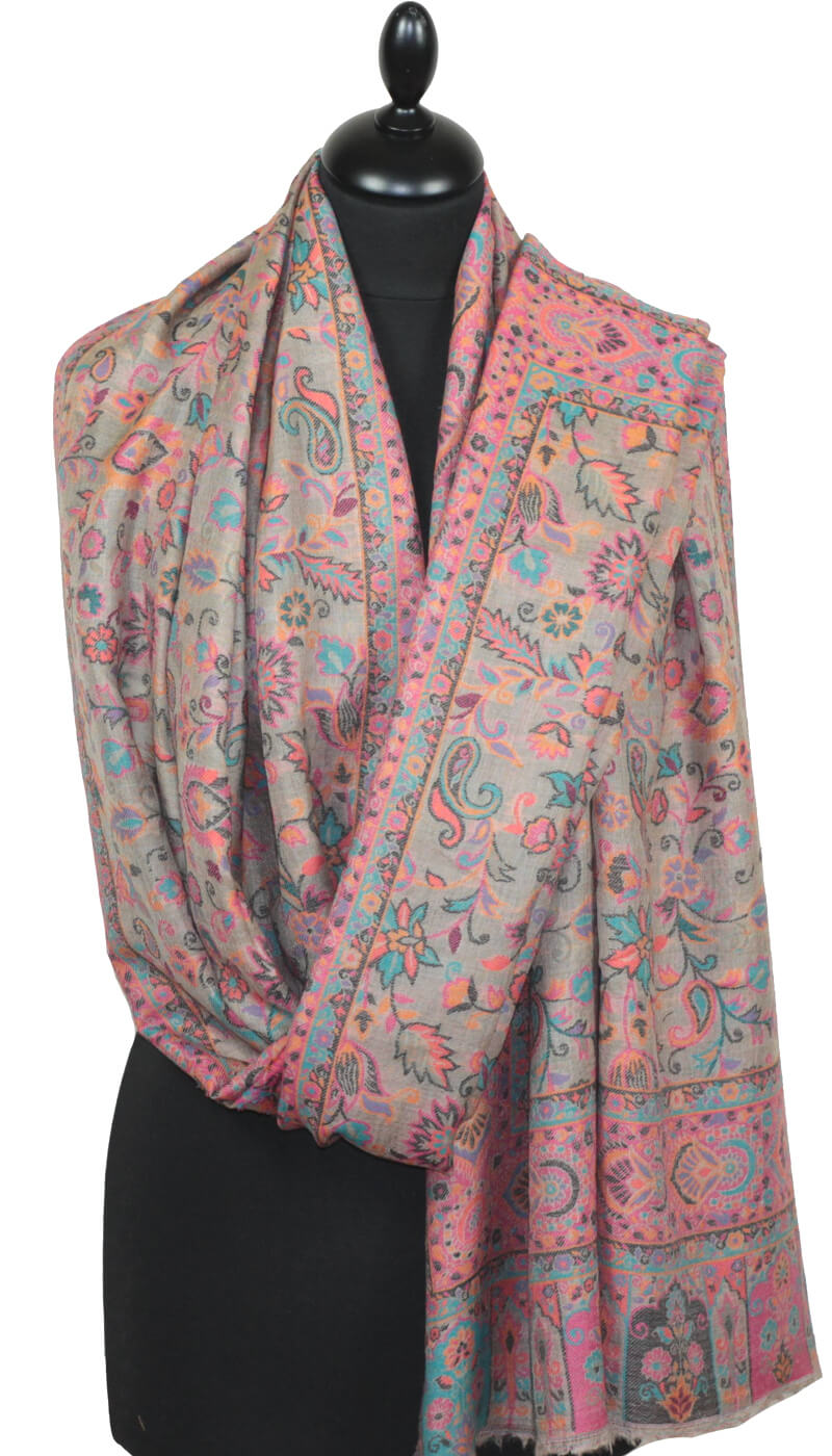 Ecru-pink-blue cashmere shawl