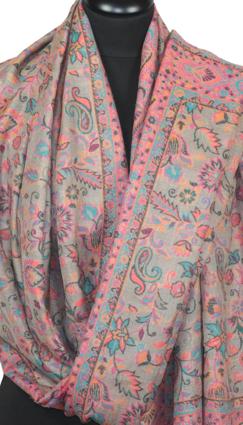 Ecru-pink-blue cashmere shawl