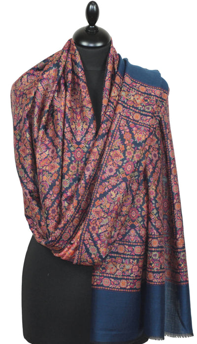 Navy blue-orange-pink cashmere shawl