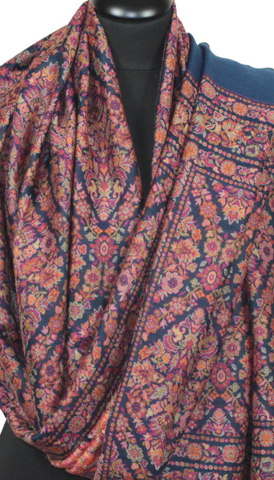 Navy blue-orange-pink cashmere shawl