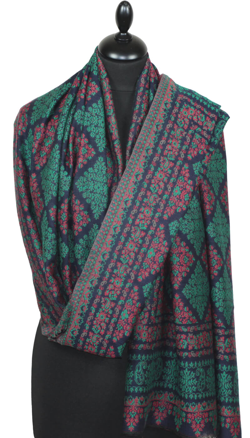 Navy blue-red-green cashmere shawl