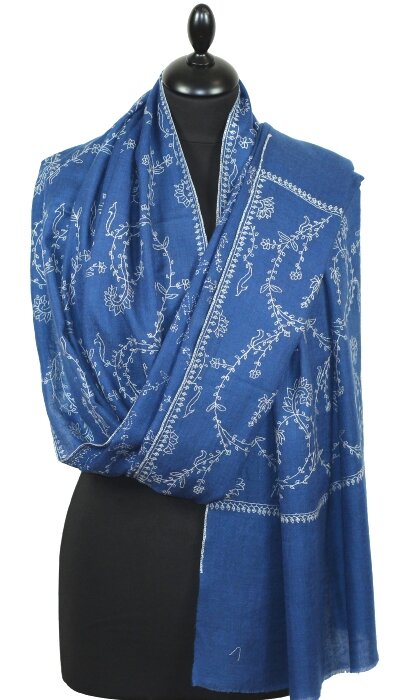Pashmina Bleu Azur Brodé Main