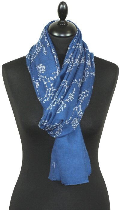 Pashmina Bleu Azur Brodé Main