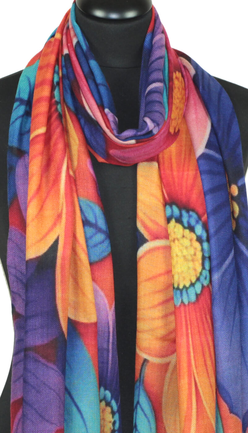 écharpe cachemire femme orange bleu violet