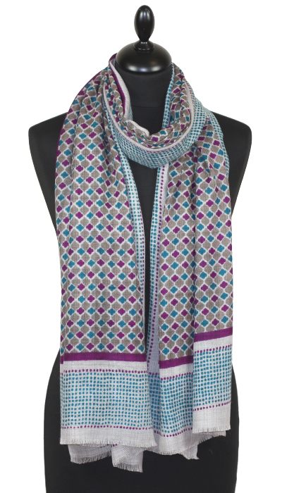 Écharpe Cachemire Beige-Turquoise-Violet