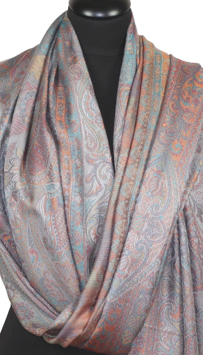 Étole en Modal/Soie Gris-Orange-Bleu