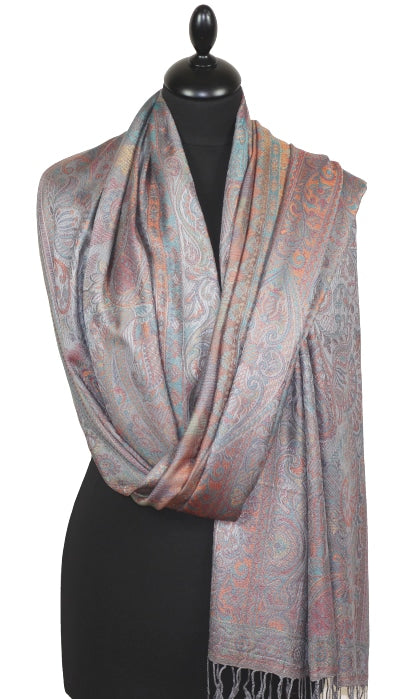 Étole en Modal/Soie Gris-Orange-Bleu