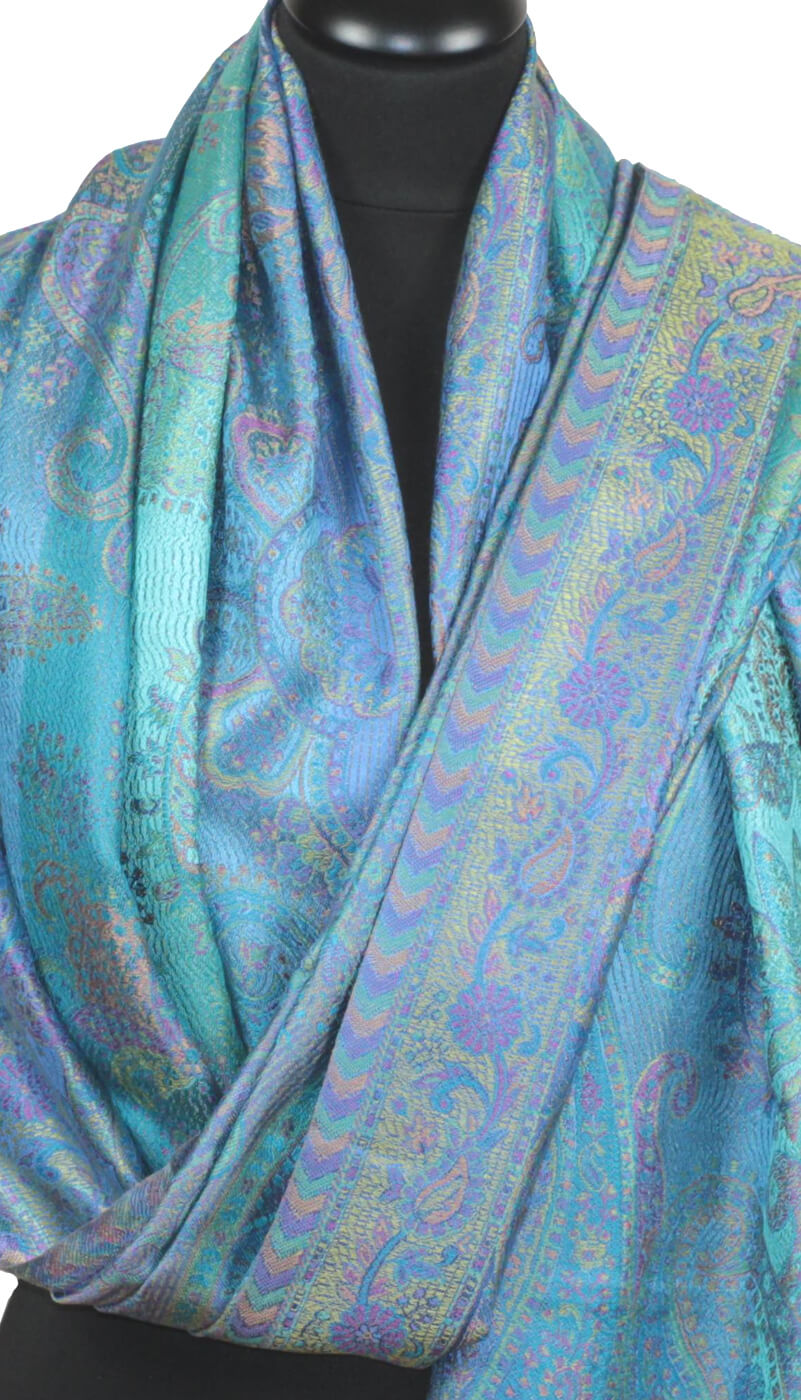 Étole en Soie bleu-orange-fuchsia