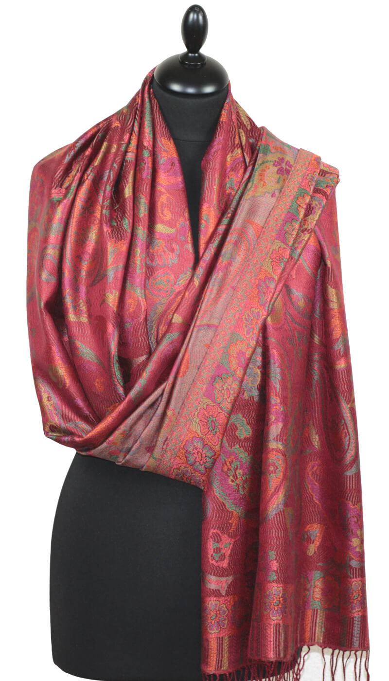 Étole en Soie brique-fuchsia-vert