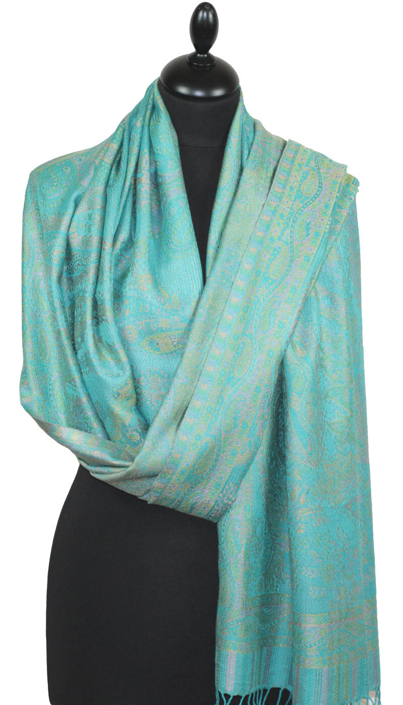 Étole en Soie vert-turquoise-rose