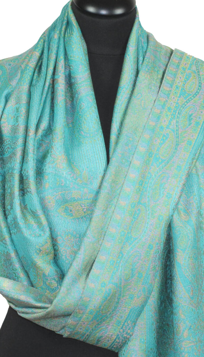 Étole en Soie vert-turquoise-rose
