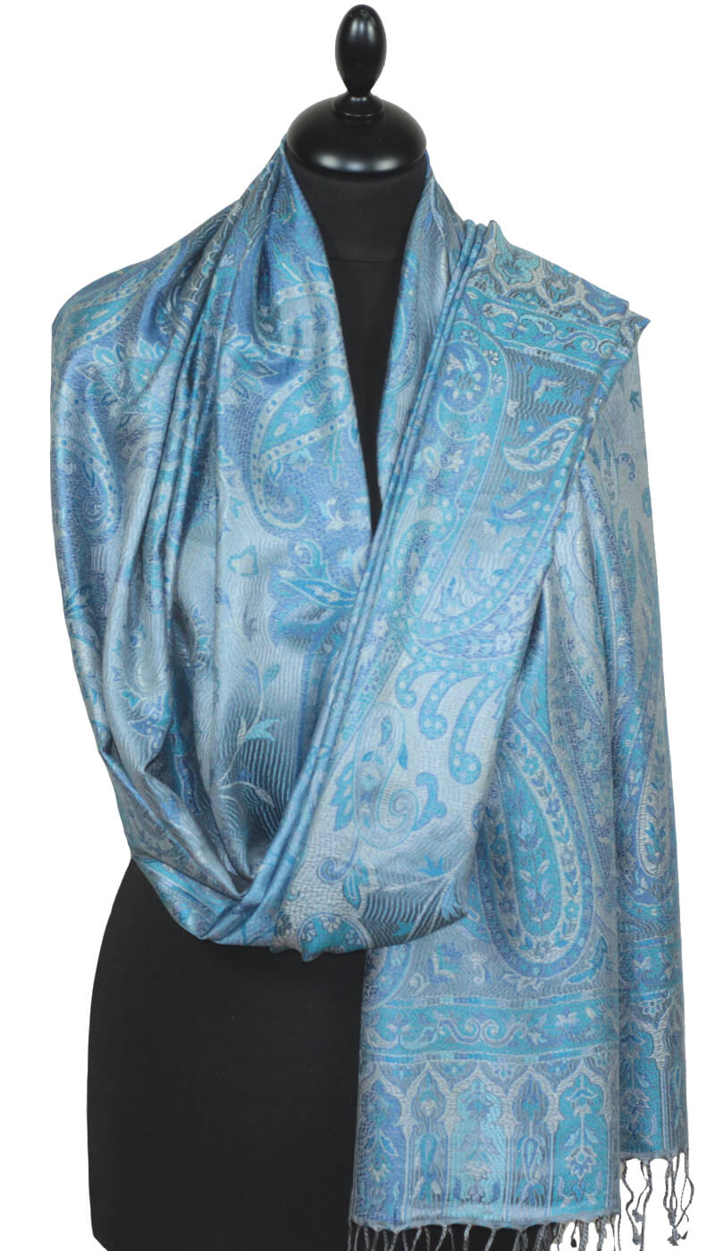 étole en soie bleu, gris et turquoise pour femme