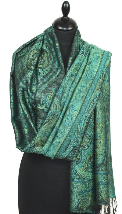 Étole en Soie Noir-Turquoise-Vert