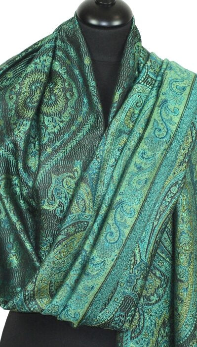 Étole en Soie Noir-Turquoise-Vert