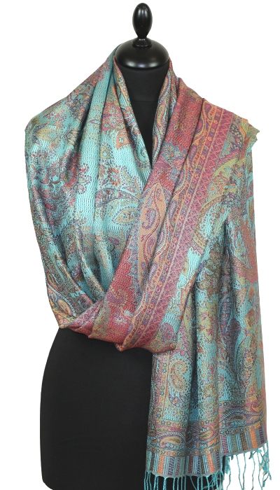 Étole en Soie Turquoise-Rose-Vert