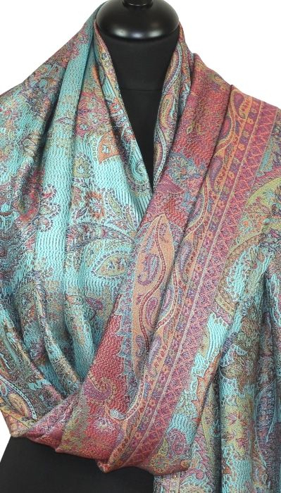 Étole en Soie Turquoise-Rose-Vert