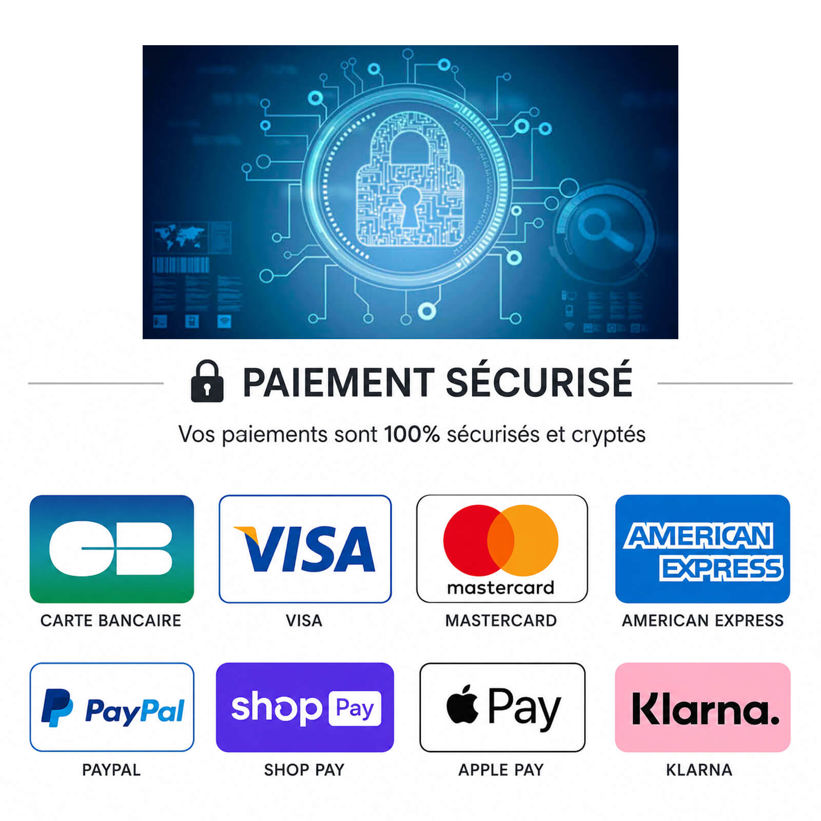 Paiement sécurisé par carte bancaire, Visa, Mastercard, PayPal, Apple Pay, Shop Pay et Klarna