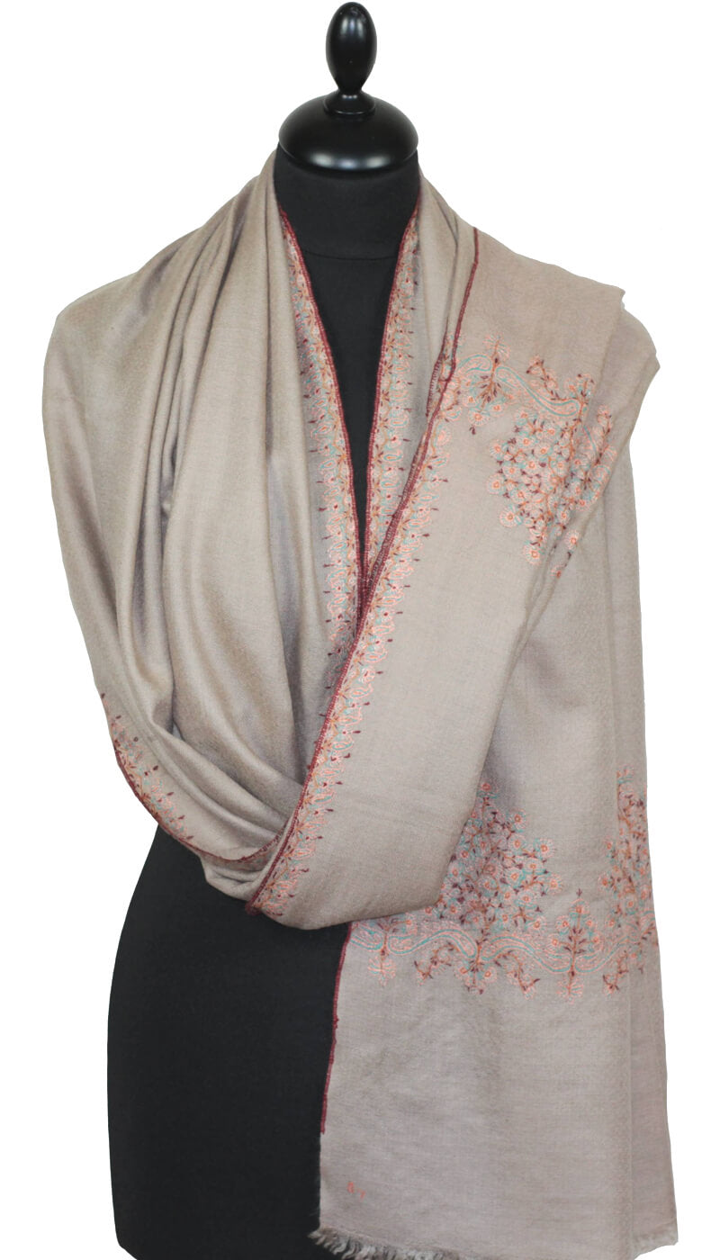 Pashmina Beige Brodé Main 100% Cachemire
