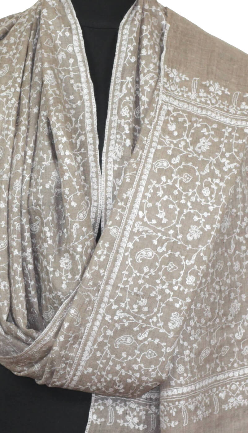 Hand-Embroidered Grey-beige Pashmina