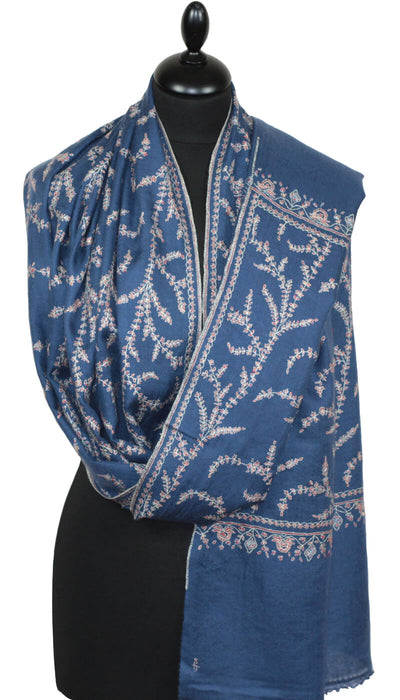 Hand-Embroidered Denim Blue Pashmina