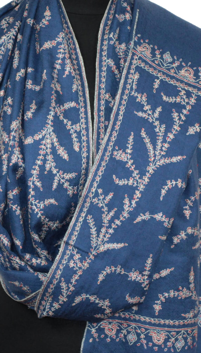 Hand-Embroidered Denim Blue Pashmina