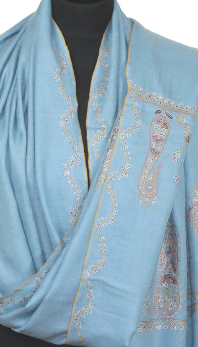 Hand-Embroidered Grey-blue Pashmina
