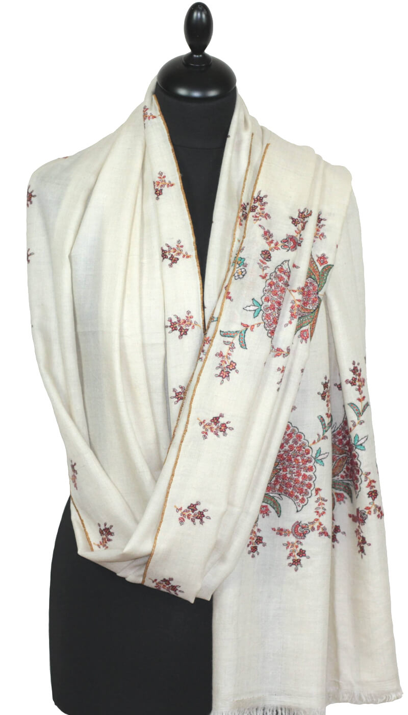 Pashmina 100% Cachemire Ivoire Brodé Main