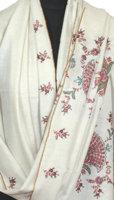 Pashmina 100% Cachemire Ivoire Brodé Main