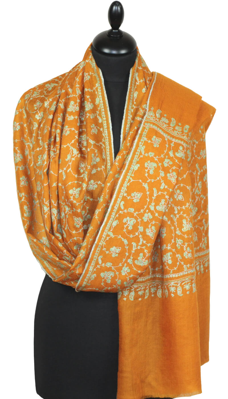 Hand-Embroidered Saffron Orange Pashmina