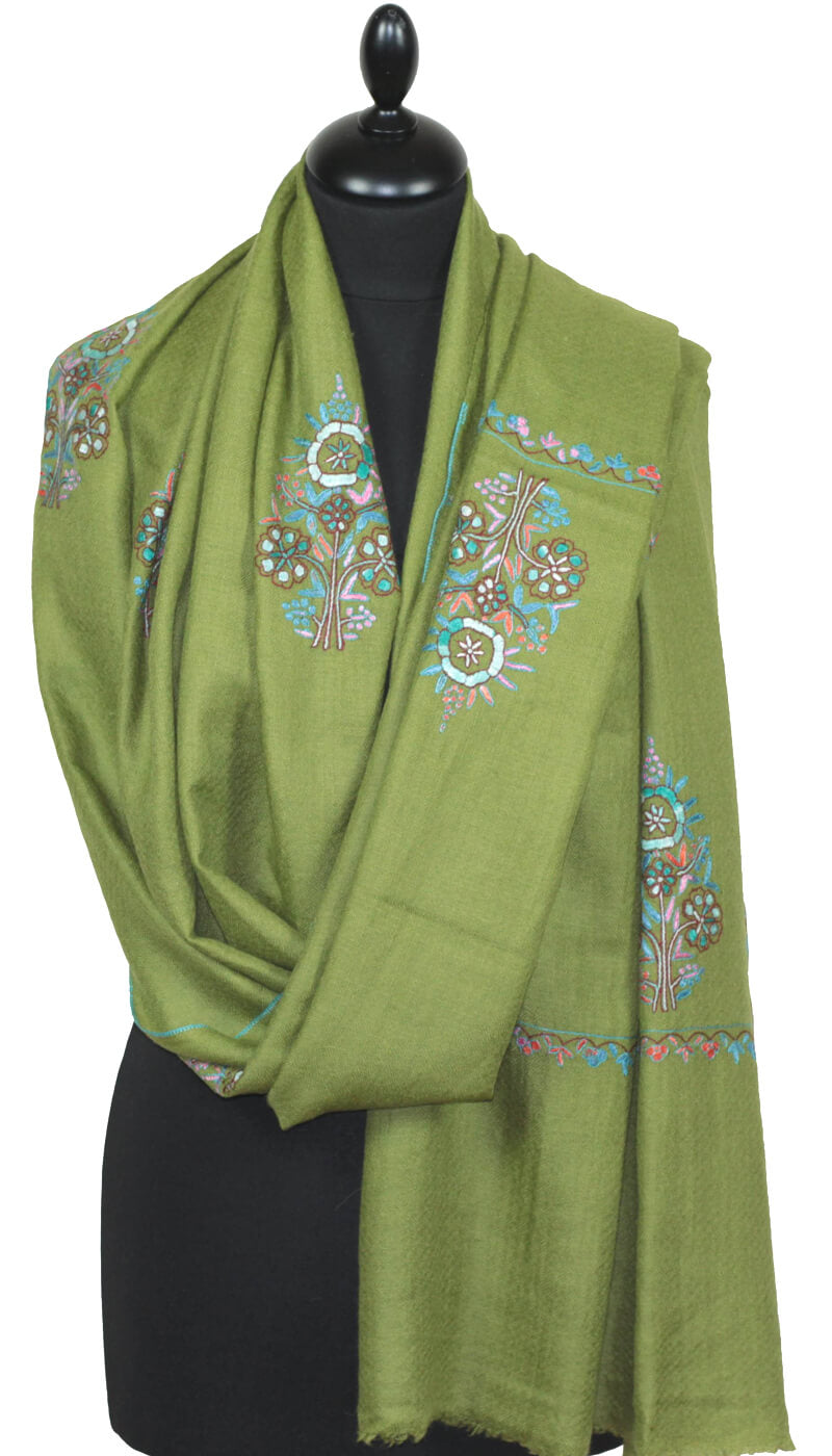 Hand-Embroidered Olive Green Pashmina