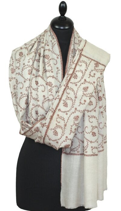Pashmina Ivoire-Beige Brodé Main