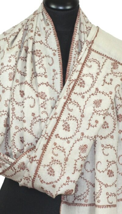 Pashmina Ivoire-Beige Brodé Main