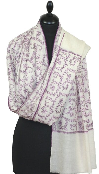 Pashmina Ivoire-Violette Brodé Main