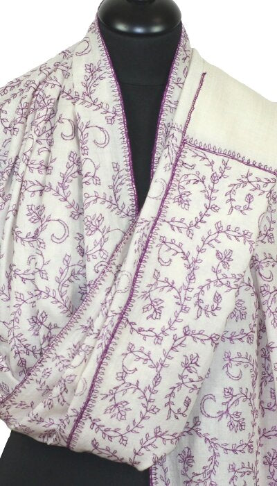 Pashmina Ivoire-Violette Brodé Main