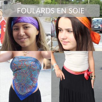 Foulard en soie carré : porté par une femme en bandeau, top ou ceinture